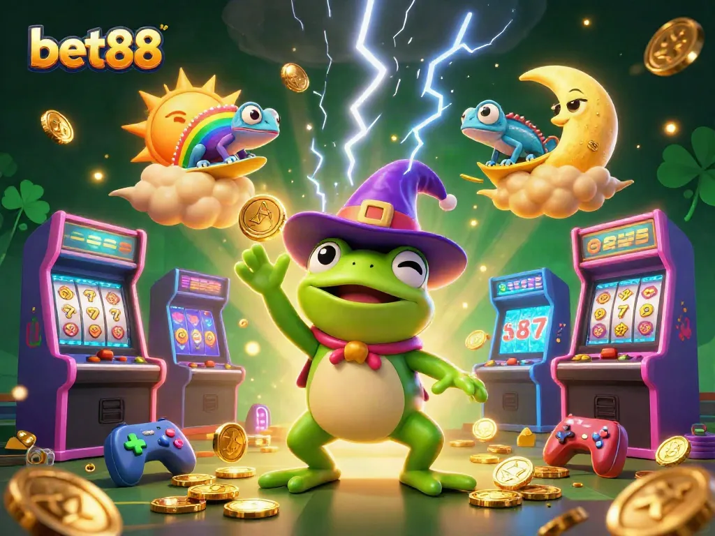 bet88 features a whimsical 3D wizard frog creating a golden storm in a vibrant casino scene