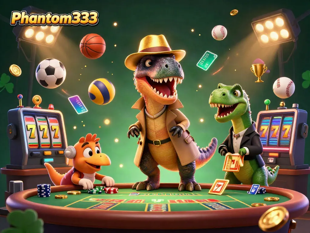 Phantom333 velociraptor card counter at a casino blackjack table, with a stegosaurus pit boss and compy pickpocket.