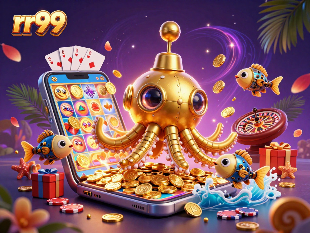Win big with rr99 in a vibrant 3D casino scene featuring golden coins and slot games.