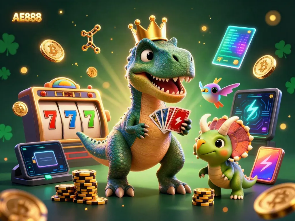 Engage with AE888 in a vibrant casino scene featuring dinosaurs and slot elements.