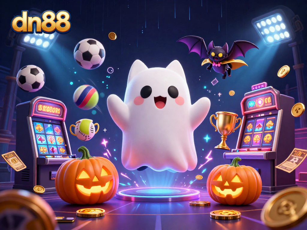 Engage with dn88 in a vibrant haunted casino scene featuring dynamic characters, sports betting elements, and captivating visuals.