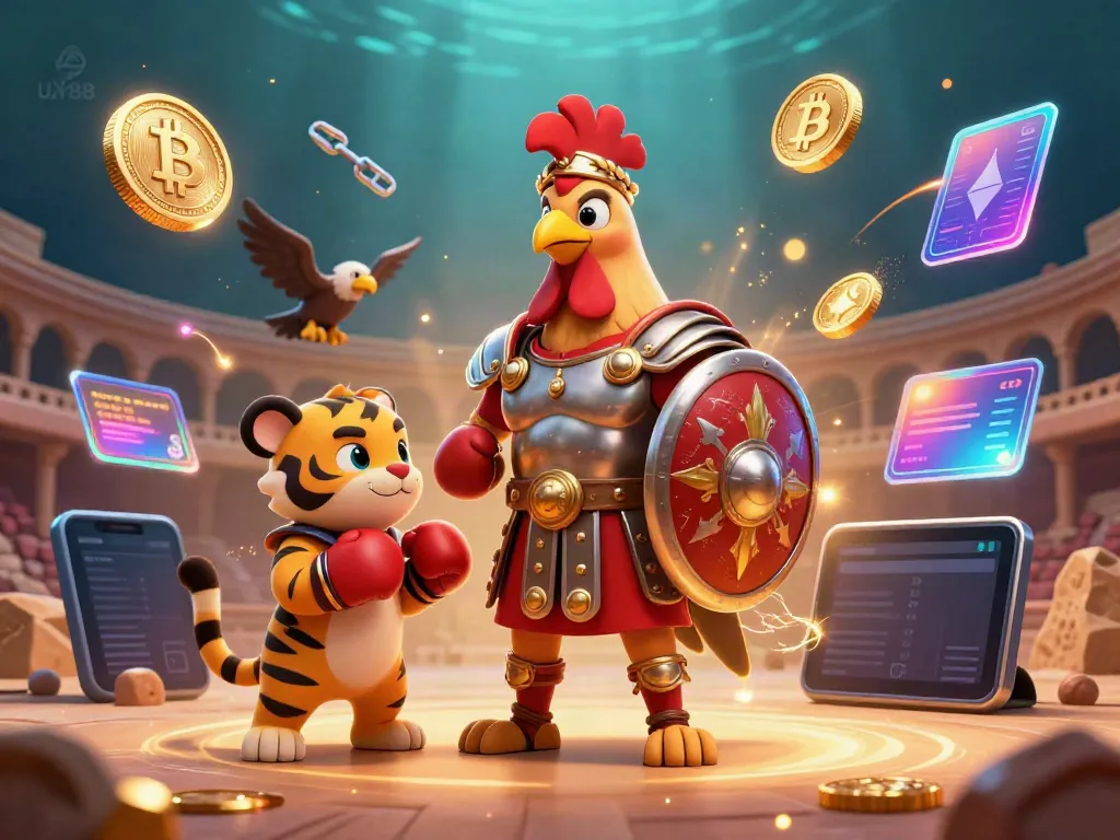 Engage with UY88's vibrant gaming scene featuring a gladiator rooster and tiger cub amidst neon crypto elements.