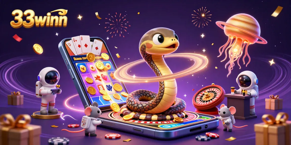 Experience thrilling gameplay with 33winn's vibrant cosmic casino scene, featuring a Saturn ring snake and betting mice.