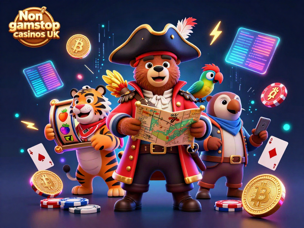 Engaging scene showcasing the vibrant world of Non gamstop casinos UK with animated characters and gambling elements.