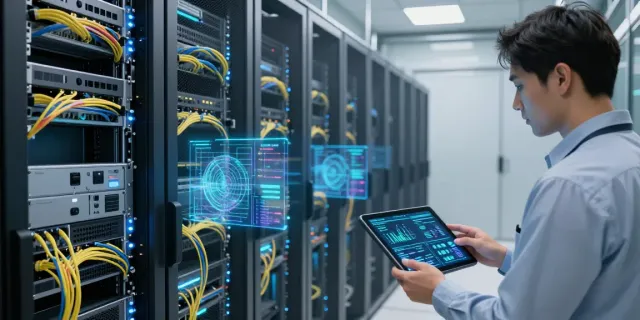 Network VA services visualized in a modern data center with cybersecurity and cloud computing technologies.