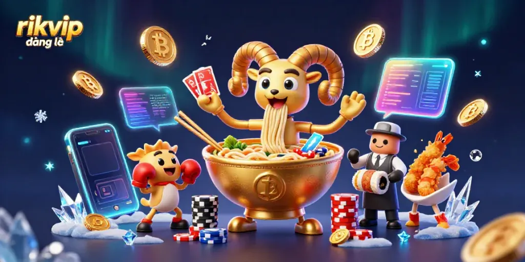 Experience the thrill of rikvip đăng nhập with a vibrant 3D casino scene featuring quirky characters and crypto elements.
