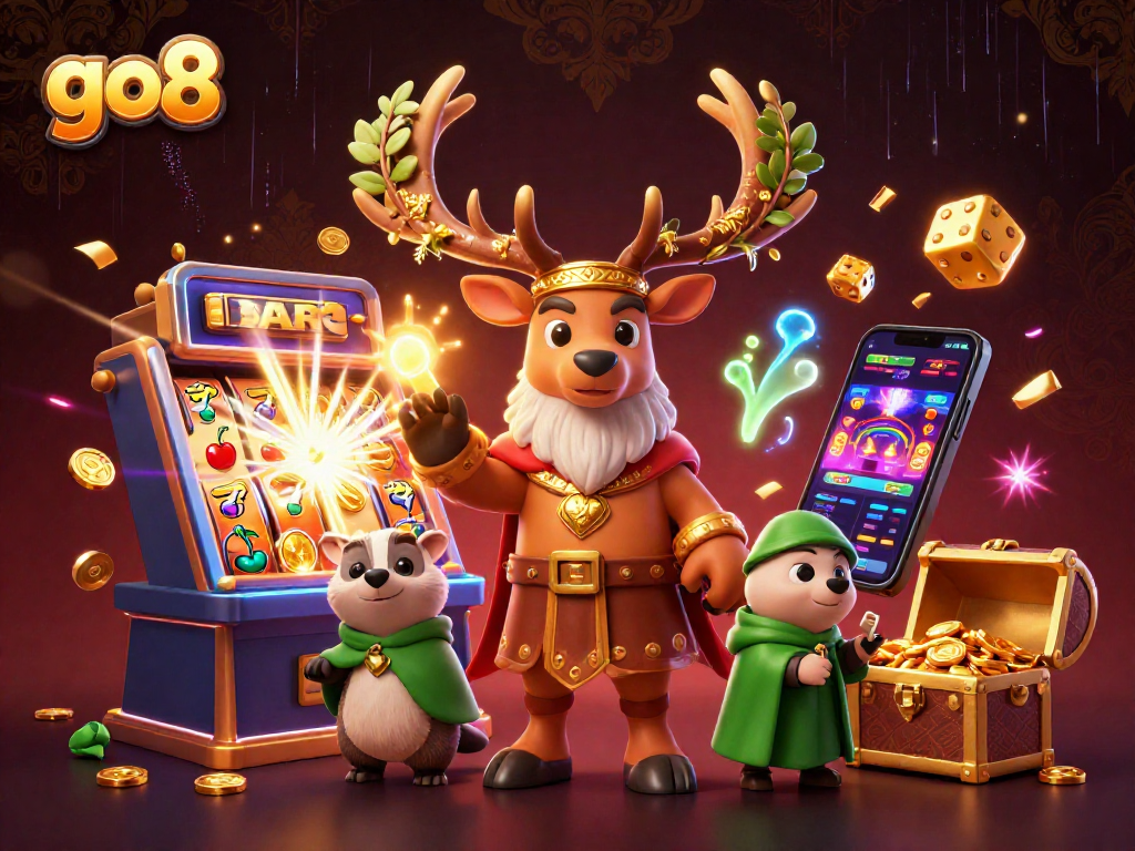 Experience exciting wins at go8 with a vibrant 3D casino scene celebrating jackpots and gaming thrills.