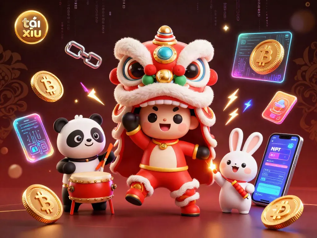 Engage with tài xỉu gameplay illustrated by a vibrant 3D scene with a lion dance, drumming panda, and glowing crypto elements.