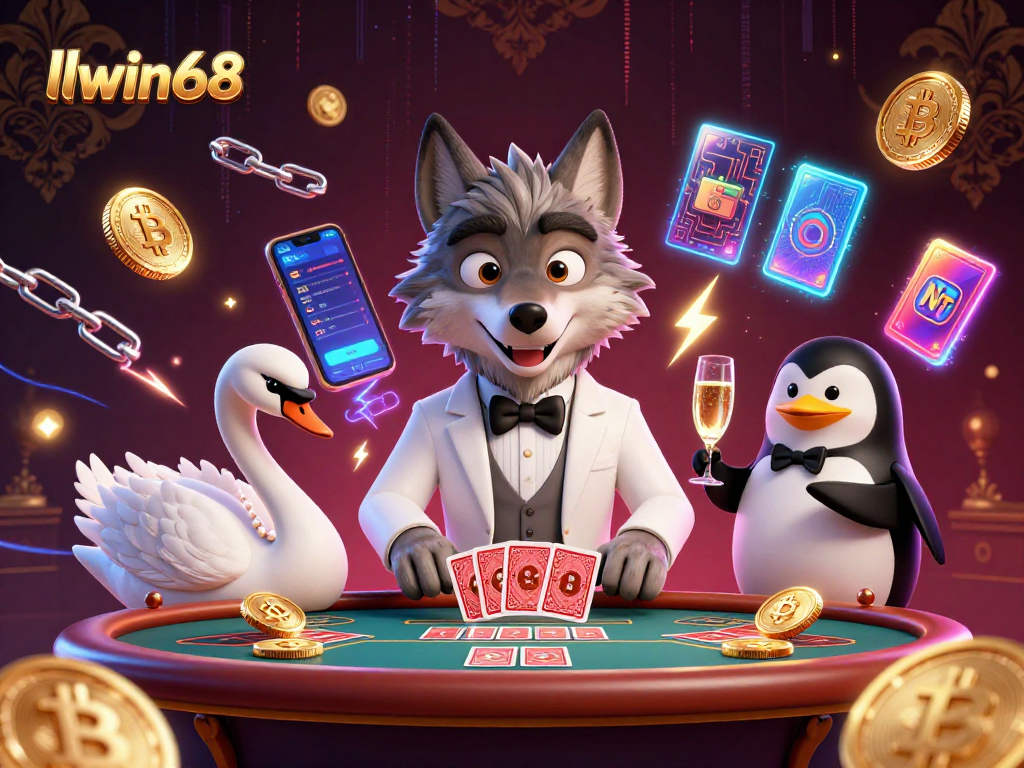Engage with llwin68's vibrant casino experience featuring a debonair wolf, elegant swan, and sophisticated penguin, all amid crypto elements.