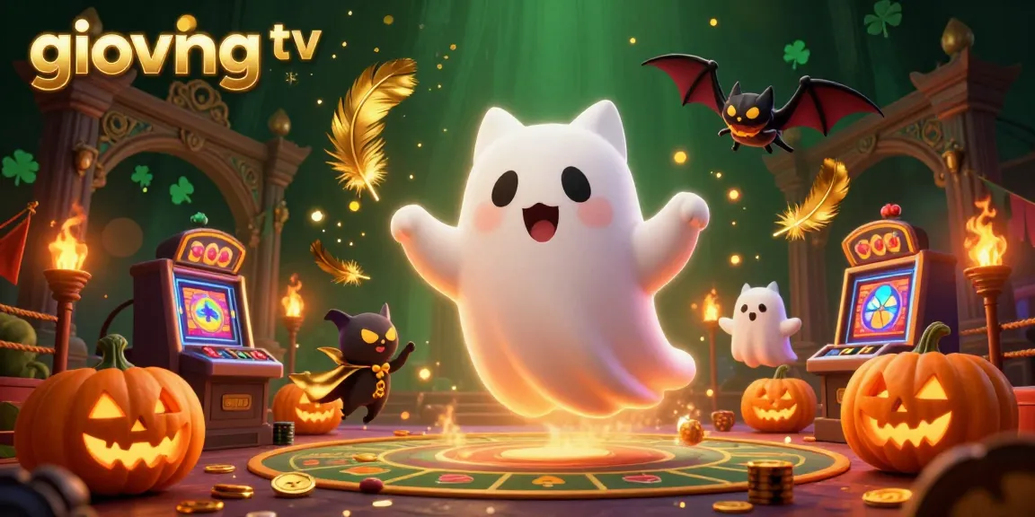 Experience exciting gaming moments with giovang tv in this vibrant casino scene featuring a ghost cat and a bat companion.