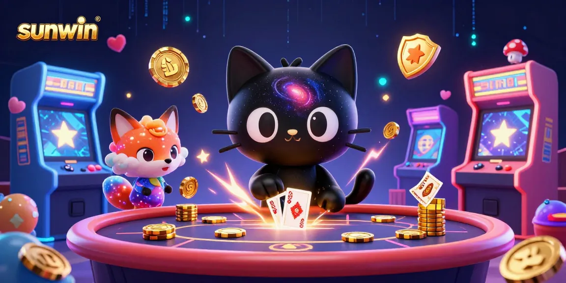 Spin and win at Sunwin, featuring a cosmic cat and colorful game elements in a vibrant casino.