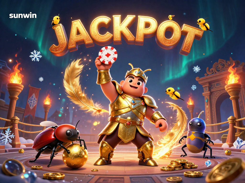 Win big with Sunwin as a herculean beetle lifts a poker chip in a vibrant casino setting.