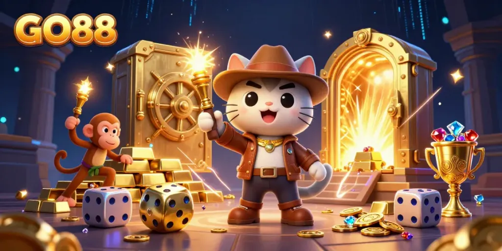 Experience the thrilling world of GO88 with a dynamic casino exploration scene featuring treasures and adventures.