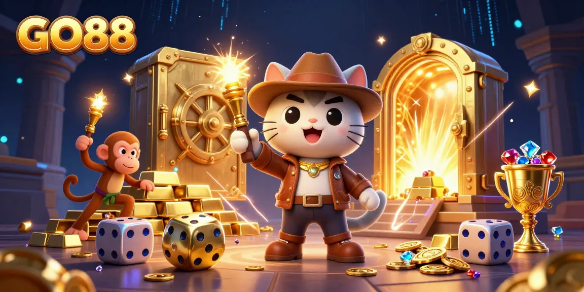Experience the thrilling world of GO88 with a dynamic casino exploration scene featuring treasures and adventures.
