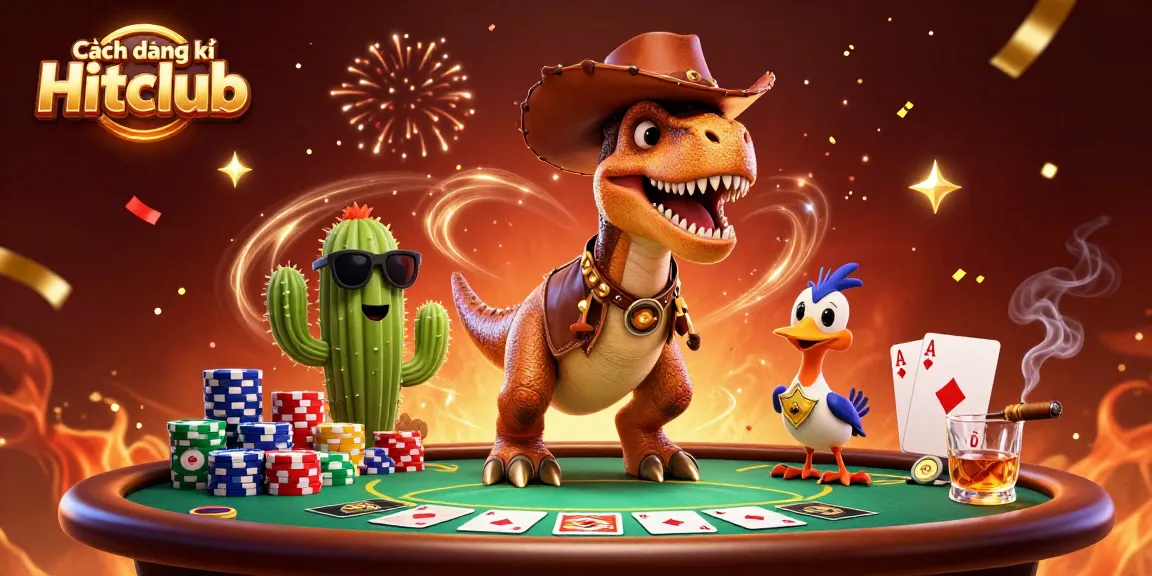 Cách đăng ký Hitclub and play at a packed casino table with vibrant characters and dynamic poker elements.