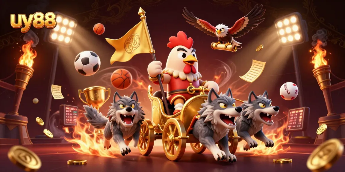 Experience thrilling moments with uy88 as the rooster warlord leads epic sports betting adventures in a vibrant scene.