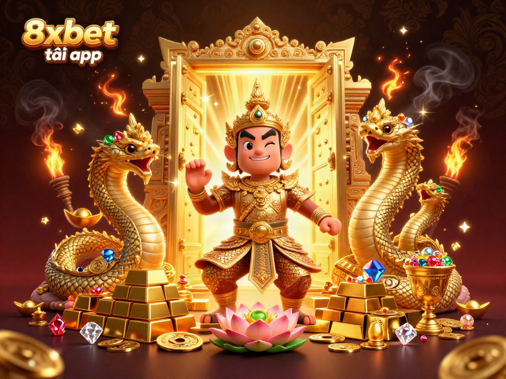 Experience the excitement of 8xbet tải app with this vibrant 3D scene featuring golden treasures and mythical guardians.