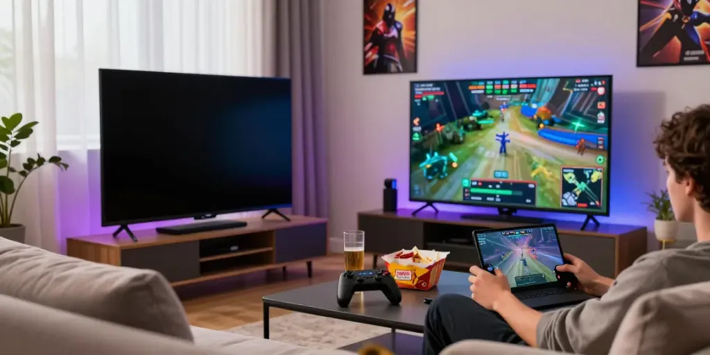 Engaging scene of a person enjoying ORION88 gaming on Android in a cozy living room.