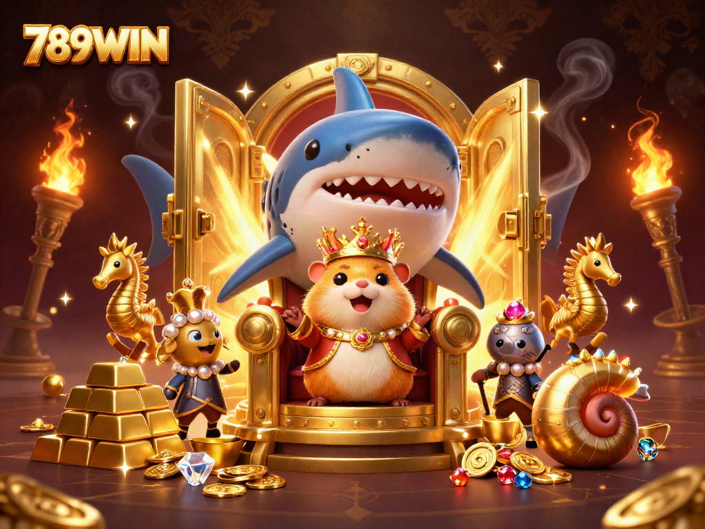 Engage with the vibrant 789WIN casino adventure featuring a golden hamster king and treasure.