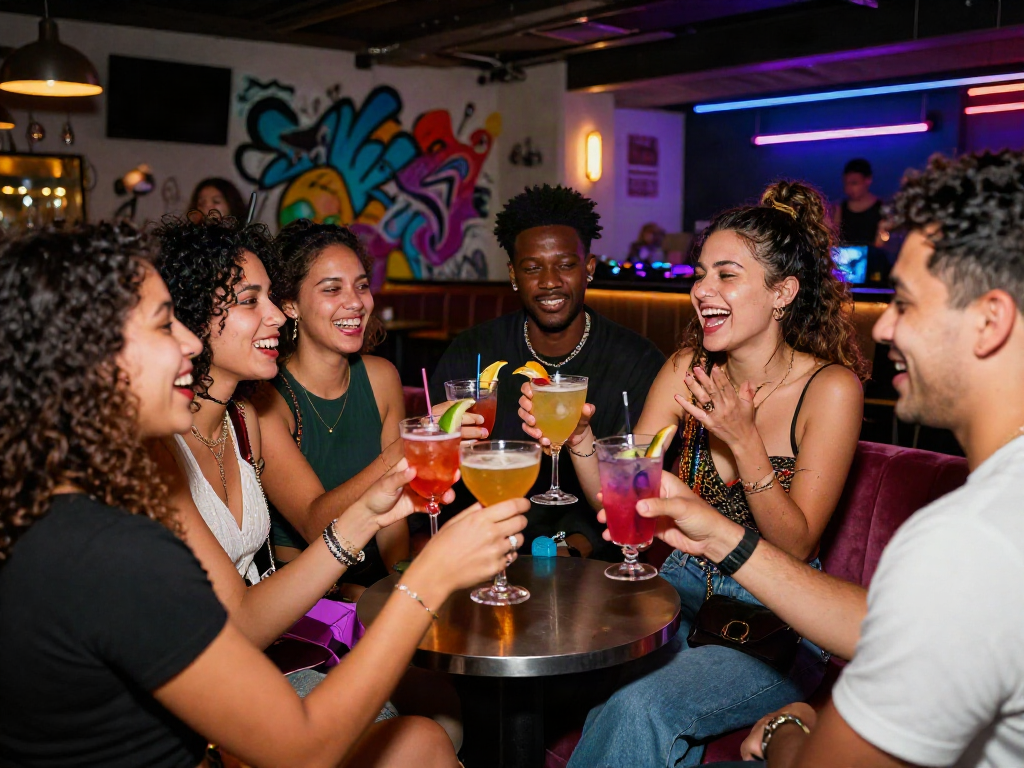 Vibrant urban nightlife scene showcasing nsfw-friendly cocktails and friends socializing in a trendy bar.