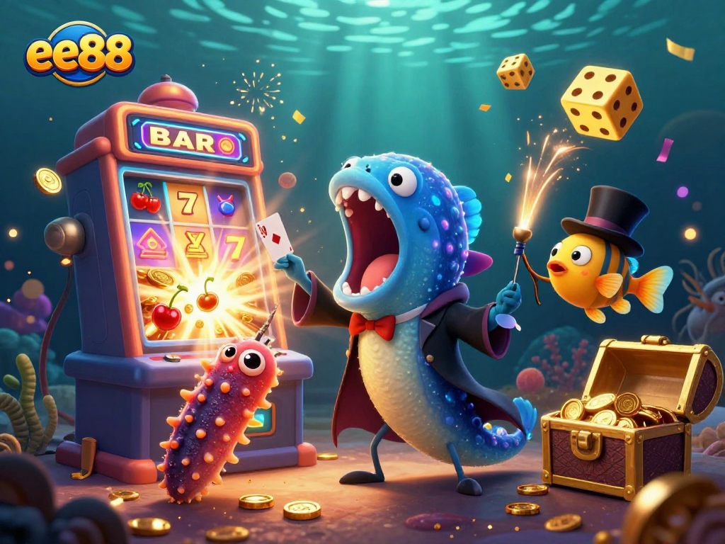 Engage with the excitement of casino games at ee88 with a vibrant 3D illustration of thrilling characters and winning elements.