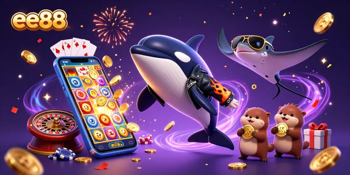 ee88's vibrant casino scene featuring sea animals celebrating winning jackpots and playing casino games.