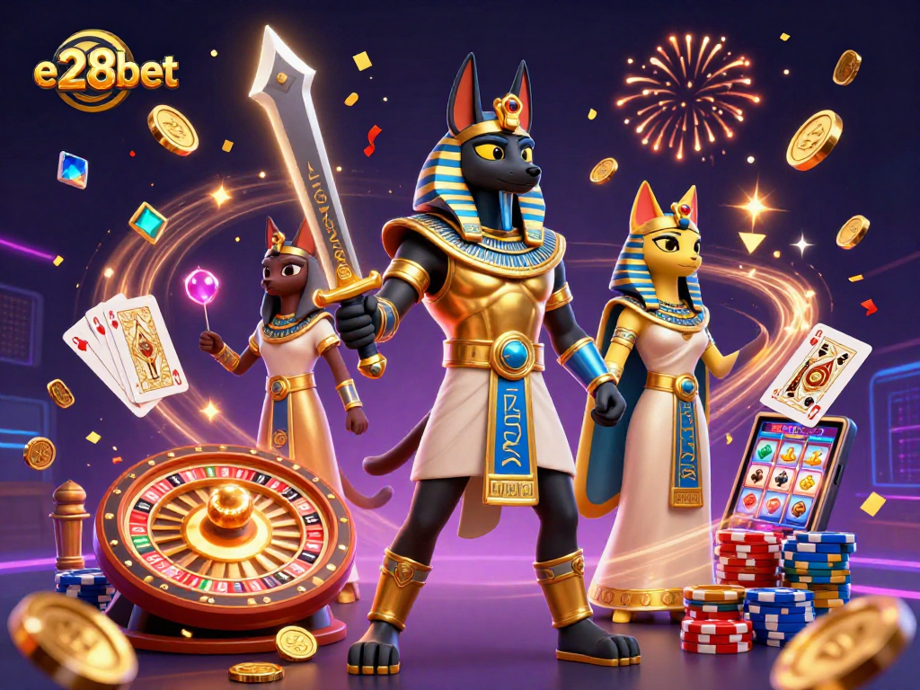 Win big with e28bet while enjoying a 3D illustration of Anubis and Bastet in a vibrant casino scene.