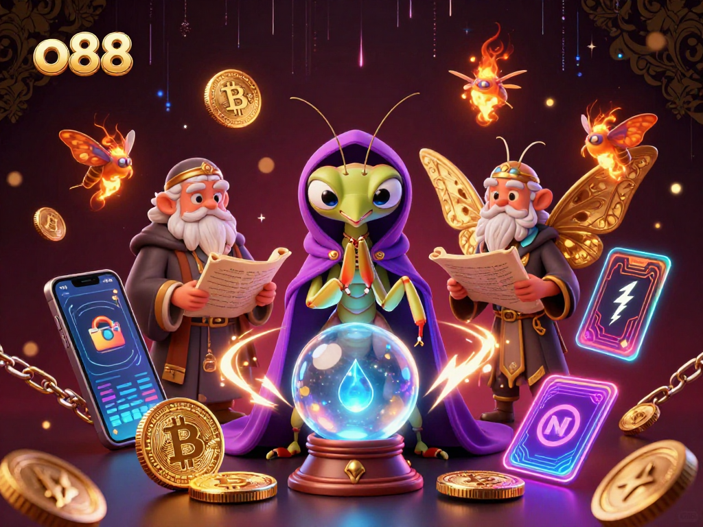 Engage in thrilling games at o88, featuring crystal ball fortune-telling in an enchanting casino scene.