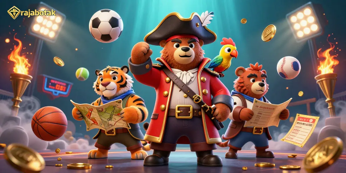 Engage with rajabotak as a pirate bear triumphs in sports betting excitement with trophies and sports elements.