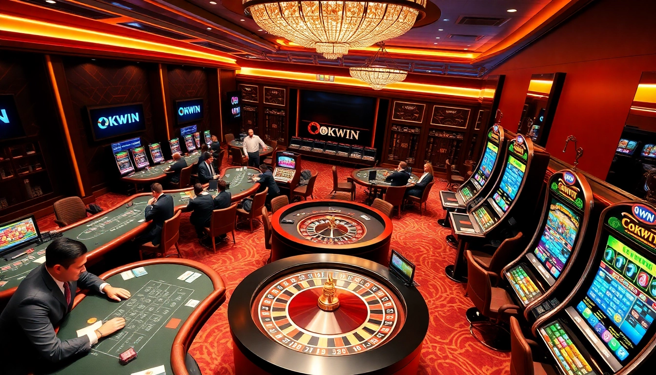 Players engaging in high-stakes poker and roulette at OKWIN's luxurious casino.