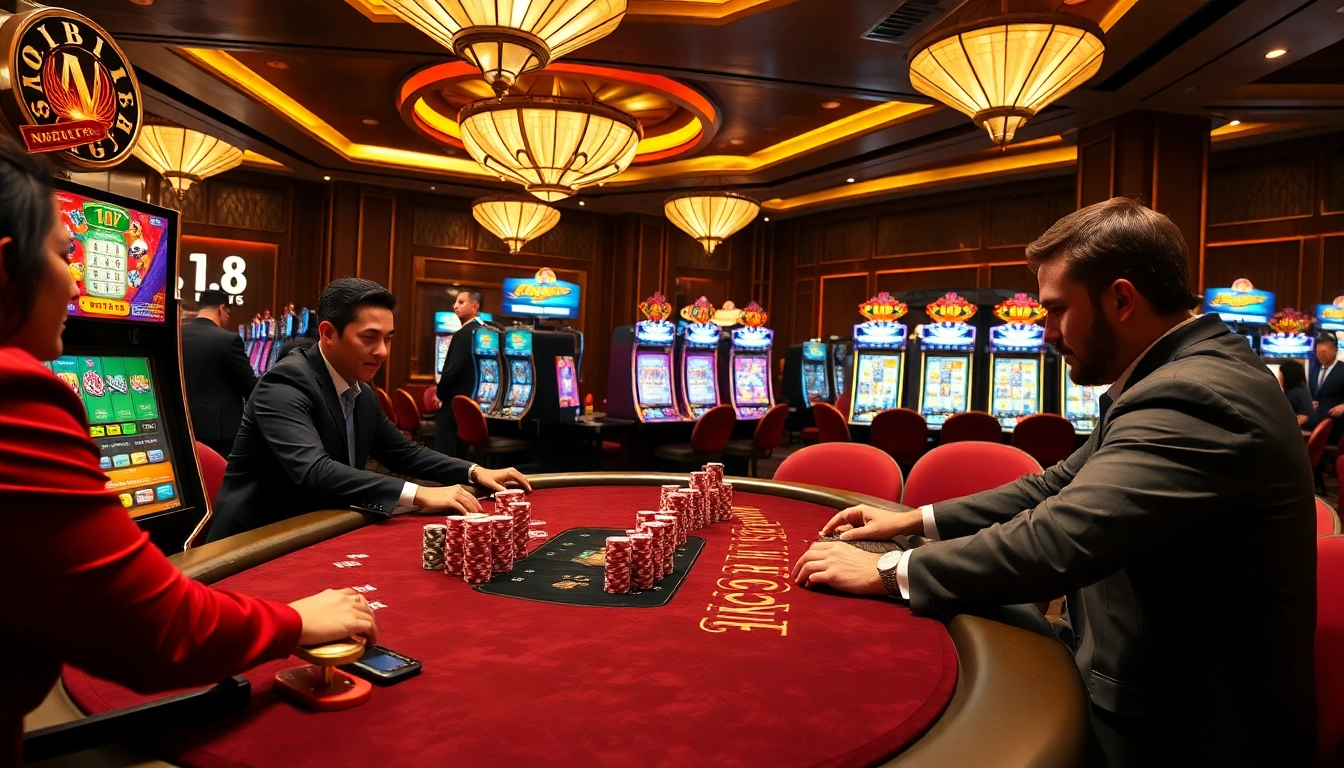 Players enjoying a thrilling game at NOHU90 casino, focusing on strategies and the excitement of slot machines.