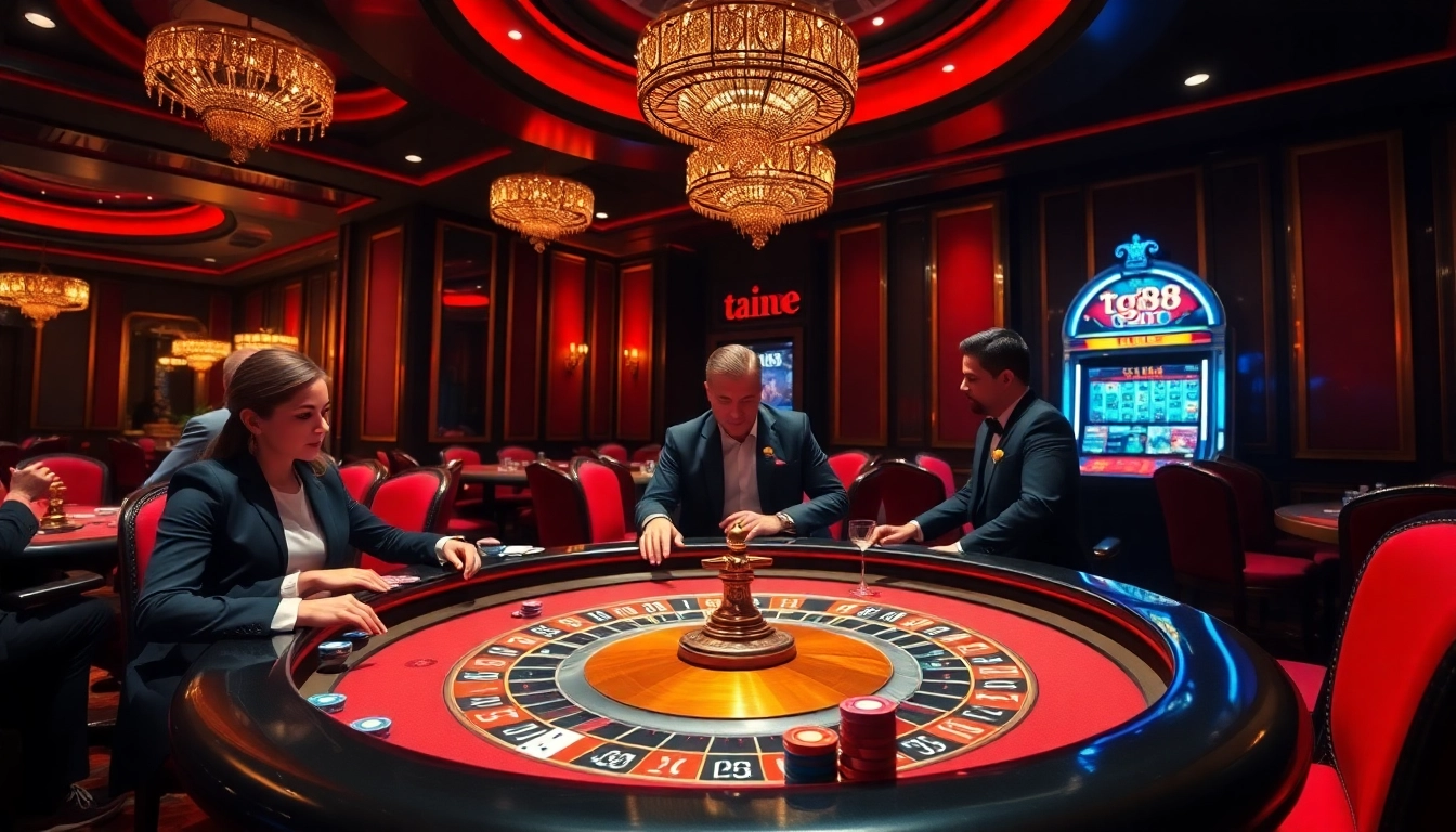 Players enjoying a thrilling game of poker at tg88 casino, surrounded by vibrant decor and excitement.