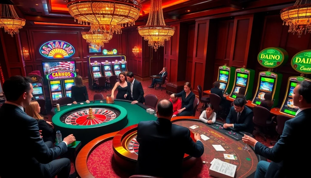 A lively casino scene at https://da88.cash/, showcasing an exciting poker game and vibrant roulette wheel.
