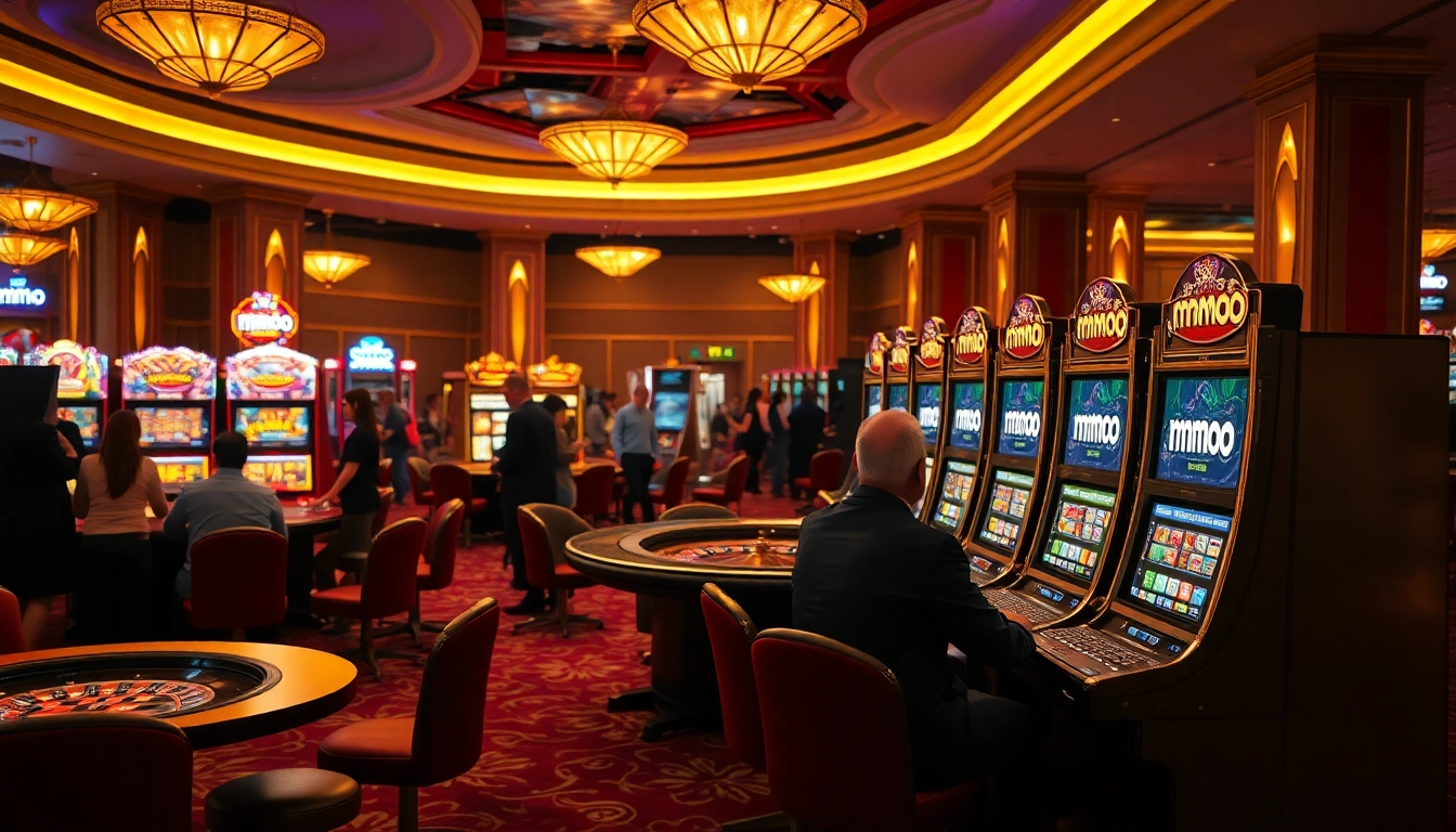 A thrilling gaming environment at MMOO casino featuring vibrant slot machines and roulette tables.