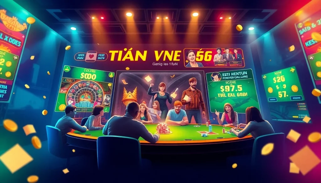Engaging scene of online card gaming on topgamebaidoithuong.mx, featuring vibrant colors and diverse players celebrating wins.