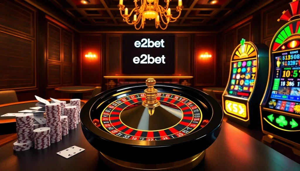 Engaging scene with a roulette wheel and poker table illustrating nhà cái e2bet’s exciting gambling atmosphere.