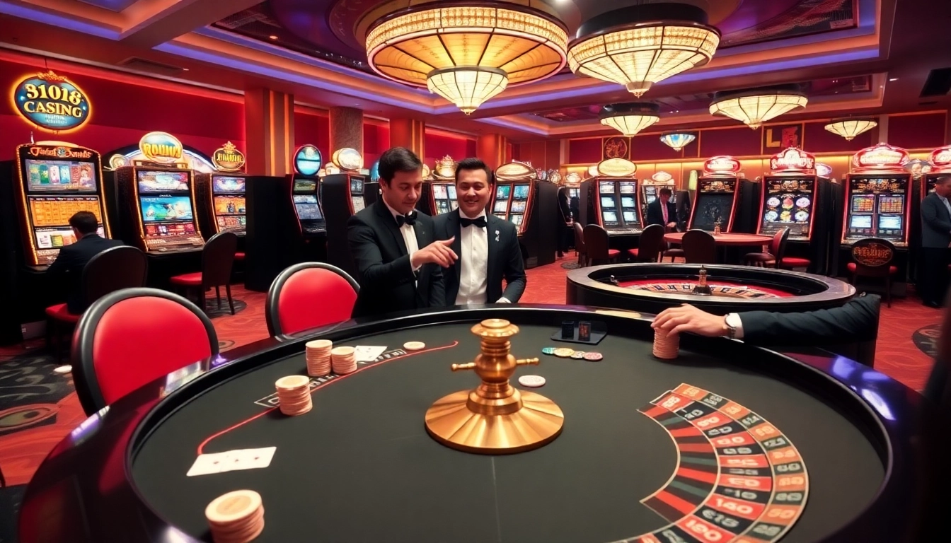 Engaged players at a TT88 poker table celebrate their winning strategies in a vibrant casino atmosphere.