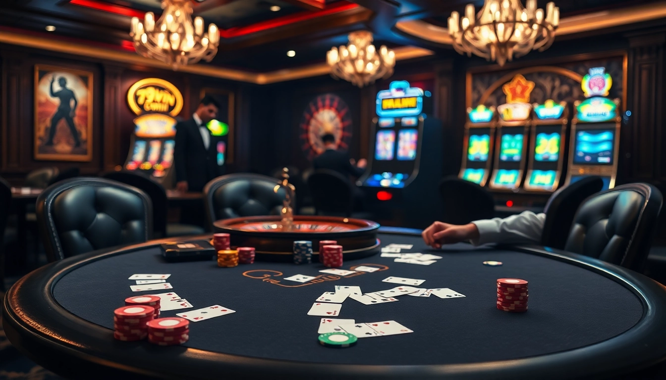 Exciting poker action at a professional 79win casino table with colorful chips.