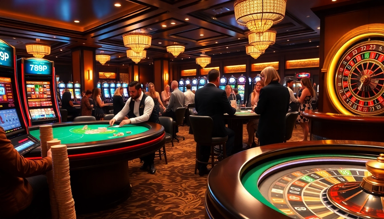 Experience the thrill of gambling at 789P with vibrant casino tables, dealers, and slot machines.