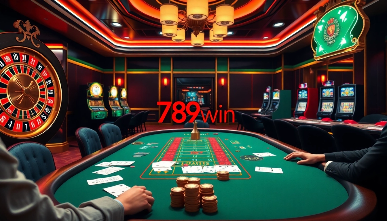 Engage in high-stakes gaming at 789win, showcasing roulette, poker, and vibrant slot machines.