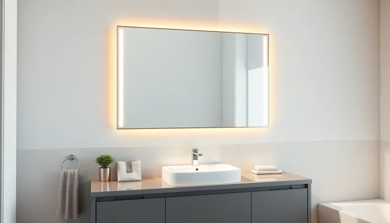 Admire the elegant led mirror framing a chic modern bathroom vanity.