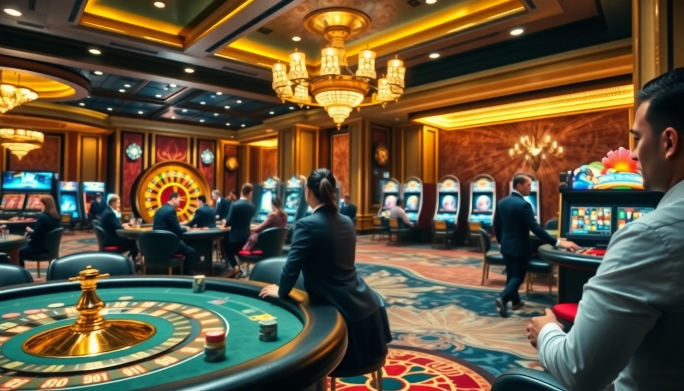 Cwin casino scene with players at poker table, roulette wheel, and vibrant slot machines.