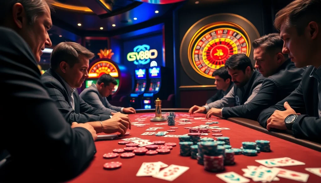 Experience the thrill of high-stakes gaming at SV88 with engaging poker tables and lively casino ambiance.