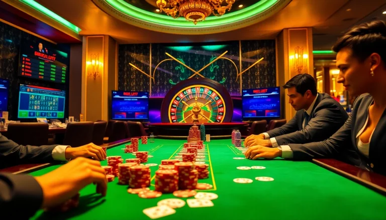 Exciting poker action at a luxurious casino table at https://oxbet6.vip/ with engaging players and vibrant chips.