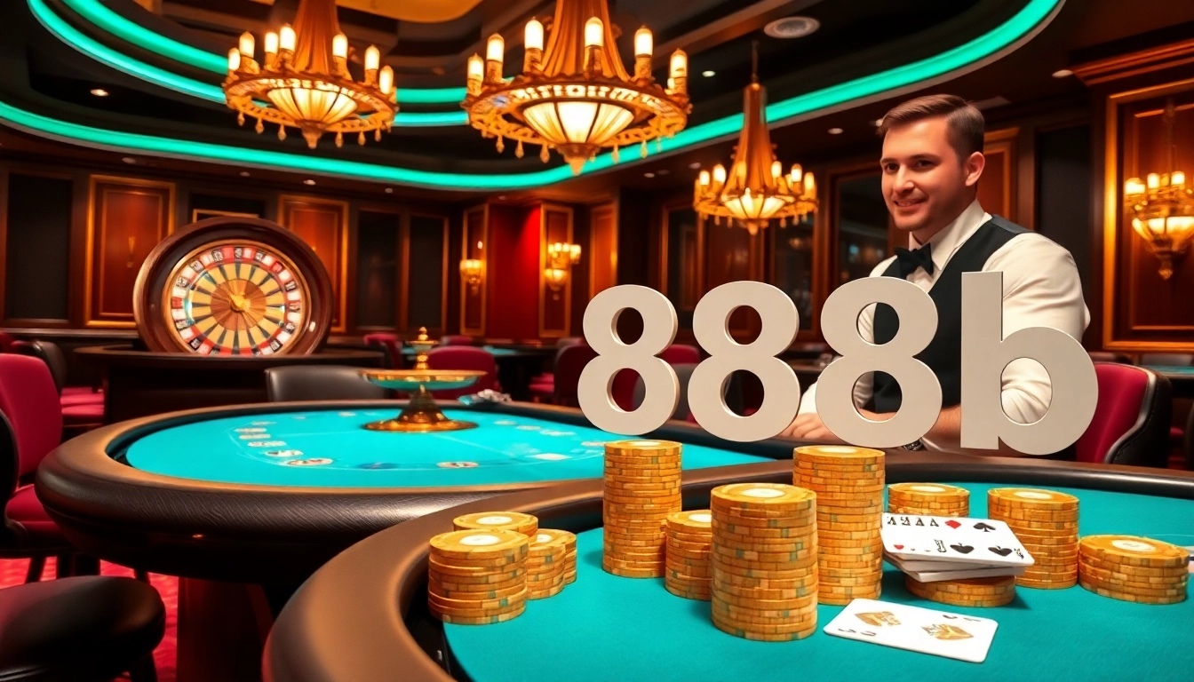 Engaging players at the 888b casino with poker chips and roulette wheel in a luxurious setup.