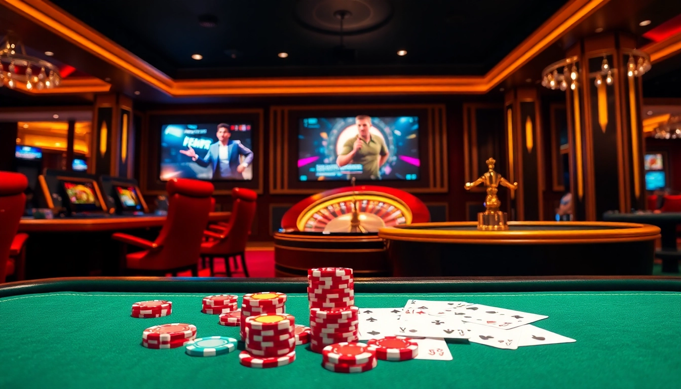 Engage with fun88 nhà cái at a luxurious casino setup featuring vibrant gaming tables and betting terminals.