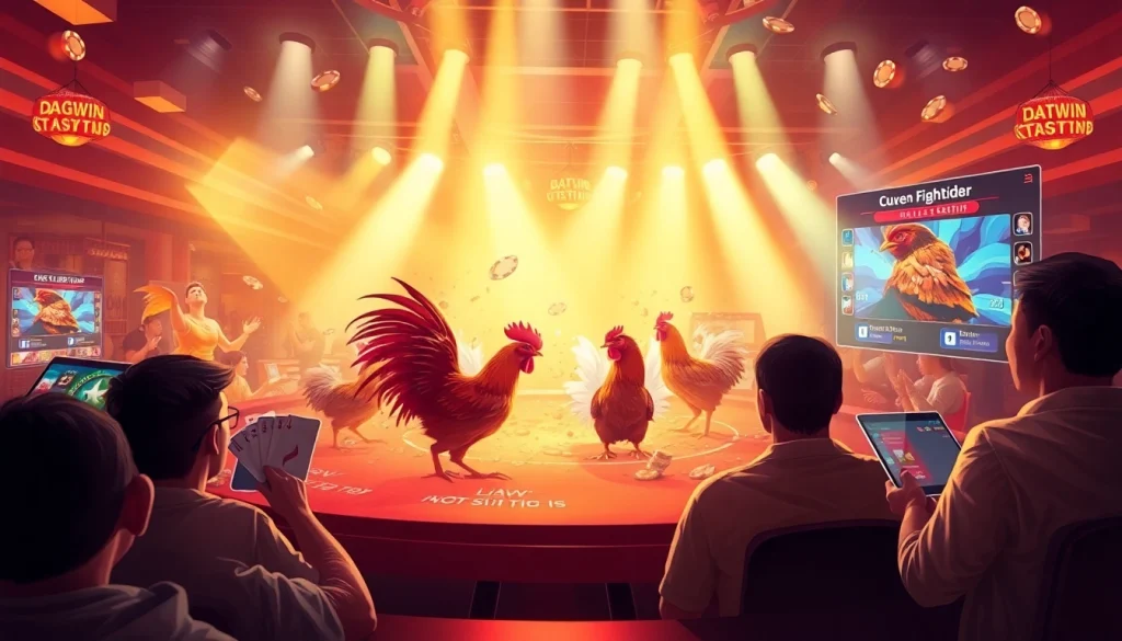 Dynamically engaging online gambling scene featuring dagawin.live with live cockfighting matches and interactive betting elements.