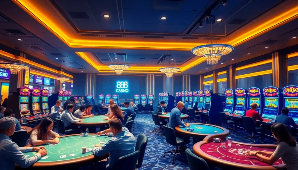 Vibrant gaming environment capturing the excitement of new88go.com, showcasing players at poker and baccarat tables.