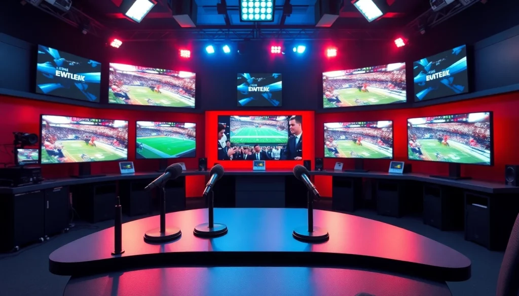 Sports Broadcasting studio with modern set and vibrant lighting creating an energetic atmosphere.