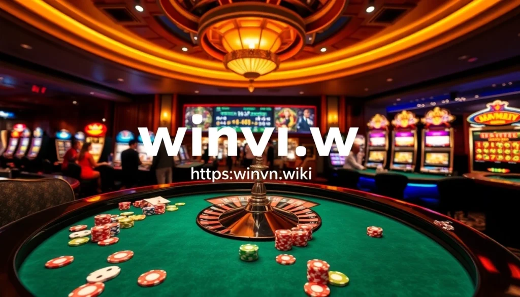 Experience exciting gameplay at https://winvn.wiki with vibrant casino visuals showcasing roulette and slot machines.